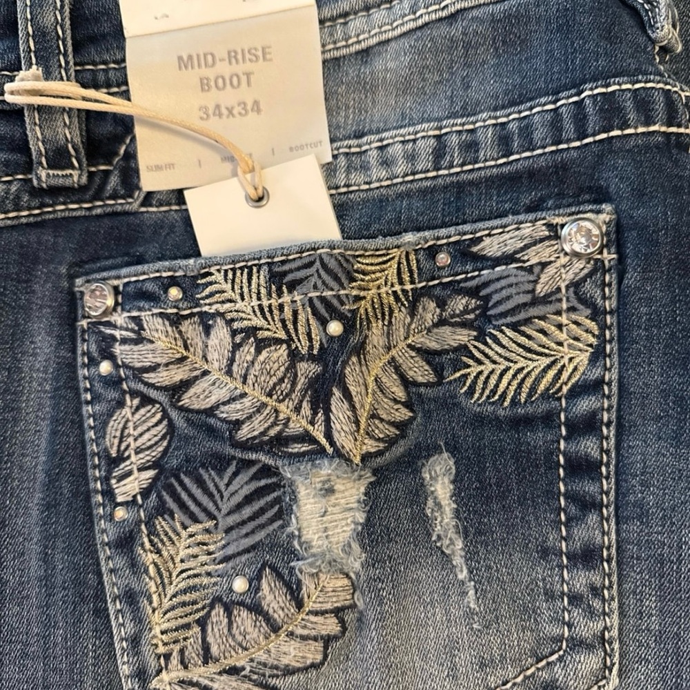 Miss Me Blue Boot Cut Jeans with Leaf Embroidery